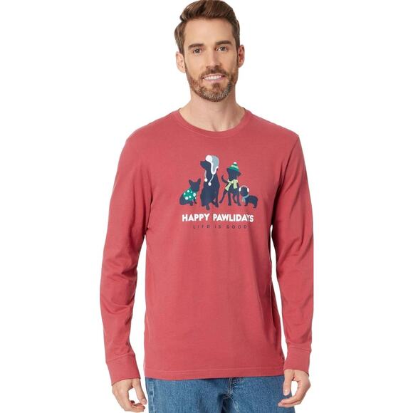 Life Is Good Men's size Medium Red Happy Pawlidays Dog Long Sleeve T-Shirt - Picture 1 of 8